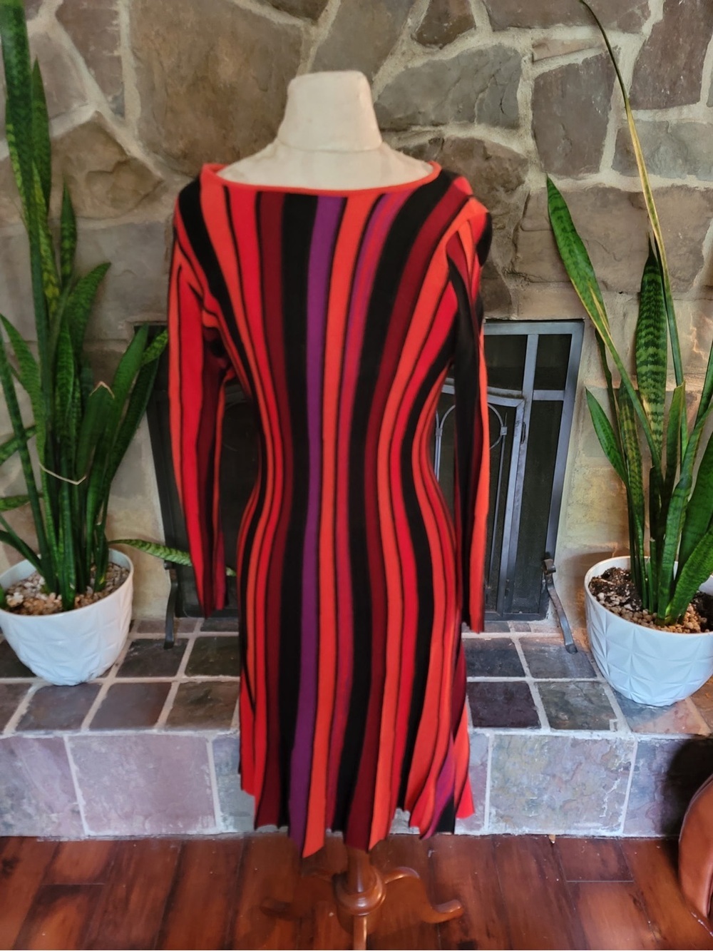 ECI Vintage Red Black Striped Dress Sz M Long Sleeve Boat Neck Shift Retro